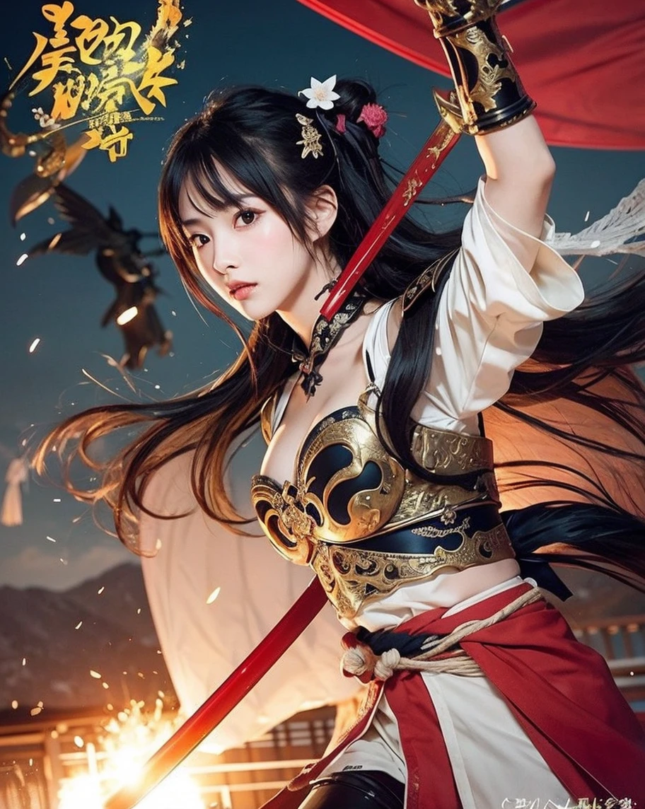 Girl, Holding a sword decorated with Japanese symbols, twin sword,Blue flames coming out of the decoration, A dragon came out of it、A blue wind blows with a skull ghost, Perfect Judy with a face and scythe,The woman is wearing a proper red outfit made of sickle steel., The woman's hair is black, The girl is the incarnation of a demon., Dragon on background,(The background of the CG 8k module is very detailed) (Highest quality), (Best illustrations), (Best shade), Highly detailed t-v6 mix 4, (8k, RAW Photos, Highest quality, masterpiece: 1.45), (Realistic, photoRealistic: 1.37), One Girl, cute, Professional Lighting, Photon Mapping,Small face,(cute顔:1.2)Beautiful 18 year old Japanese woman), cute顔, (Deeply chiseled face:0.7), (freckles:0.6), Soft Light,Healthy white skin, shy, (Serious face), (Sparkling eyes), thin, smile, uniform, Braiding