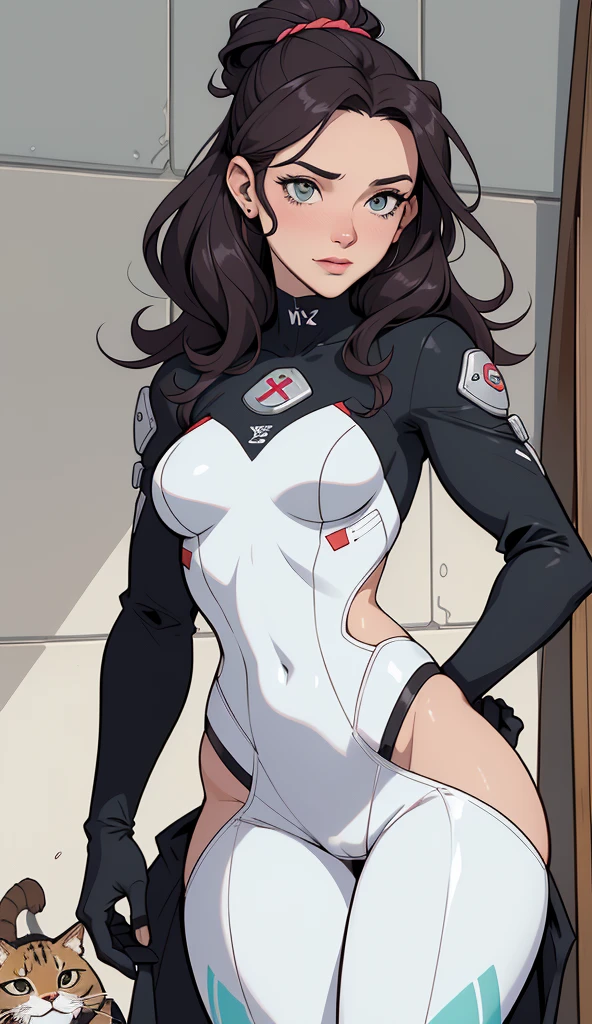 massive hair huge tits giant muscles expressionless sad girl black hair long hair yellow eyes pale skin extremely thick ((alien suit inside spaceship cockpit)) from below