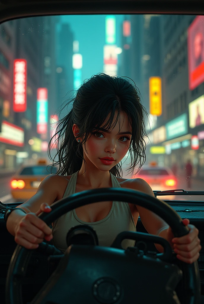 a girl inside a taxi, the girl has dark brown eyes, her hair is black, her nose is rounded and delicate, her cheeks are pink in soft tones, the girl looks out the car window towards the city, the girl wears only a bikini with gold details, the girl has gold metallic adornments on her body, Raw, hyperrealistic photography, Lifestyle --auto --s2