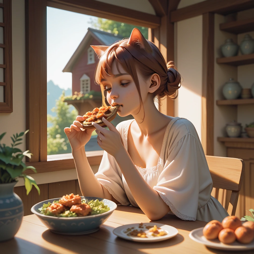 (Raw photo:1.2), (Photorealistic), Beautiful detailed girl, Very detailed eyes and face, Beautiful detailed eyes, Huge file size, High resolution, Very detailed, Best Quality, [masutepiece:1.6], Illustration, Very detailed, Fine detail, Best Quality, 8K Wallpaper, Movie Lighting, A 15-year-old girl in a Ghibli house is eating in her underwear.,Beautiful face, Detailed eyes, Detailed underwear, ghibli style bra, ghibli style pants, The world of Ghibli seen at Ghibli&#39;s house, Detailed face, Ghibli's Worldview, Beautiful eyes, ghibli style food