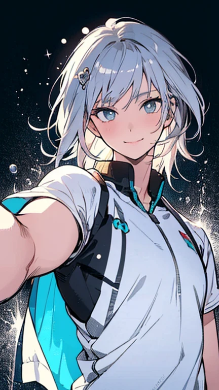 (obra-prima, melhor qualidade, ultra-detalhes) colorido, cores vivas, alta qualidade, alta resolução, 1girl, jett, rabo de cavalo, sorrindo, feliz, olhos detalhados, olhos brilhantes, top azul, olhando para o espectador, alto contraste, cinemactic, good ilumination, rosto detalhado, rosto bonito, alta qualidade