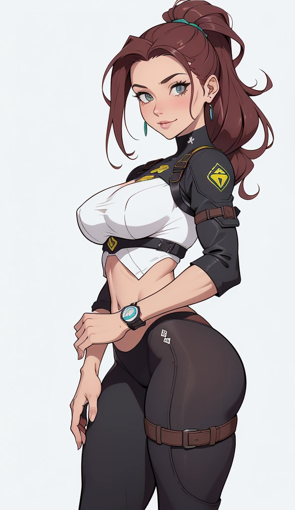 1 girl,(standing alone),(Top-notch image quality),(high quality),(high resolution),(detailed),(artwork),(artwork:1.2),(dynamic pose),(realisitic),looking at the viewer, olhos detaileds, Perfect face, Perfect the eyes, rosto detailed,(very long ponytail),earrings,smile,Brown eyes,EVE\(star blade\),collar,(From above:1.2),(cyber sticky),(short fingerless gloves),(cyber high jump),(long shot), Correia, standing,(high socks),(nightclub), garter belt,