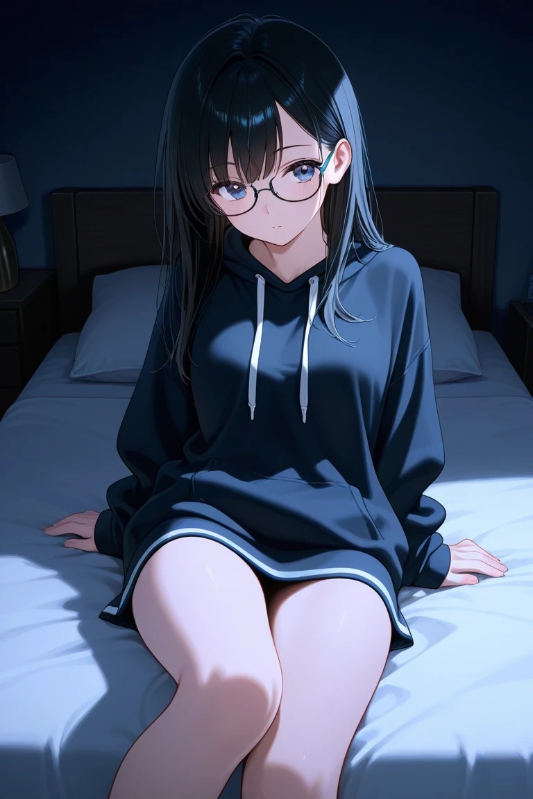 (1girl:1.3), Masterpiece, Best quality, amazing beauty, 4K, absurdres, finely detail, super detailed eye, perfect anatomy, official art, cinematic lighting, BREAK, bedroom, silky medium long hair, silky wavy hair, black hair, red round cell frame glasses, BREAK , big breasts, medium, sitting bed in bedroom, BREAK , (white underwear:1.2), (school uniform:1.2), (hoodie:1.2), (Jersey:1.2), (Shirt:1.2), BREAK,()