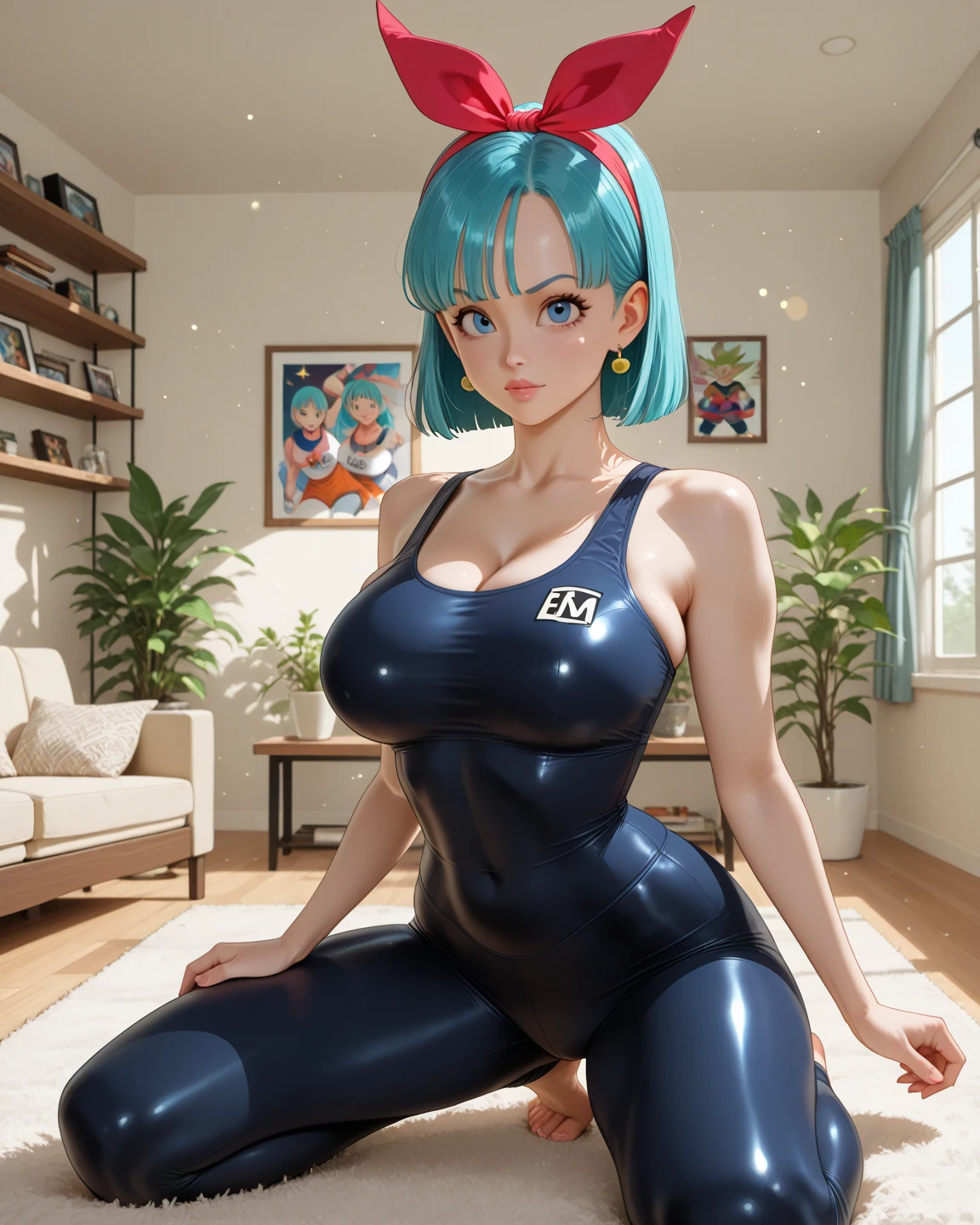 Playing, Girl, dark skin, 30 years old, full bust, firm ass, slim waist, sexy, assymetrical short blue hair, clear blue eyes, sensual lips, tight-fitting clothing