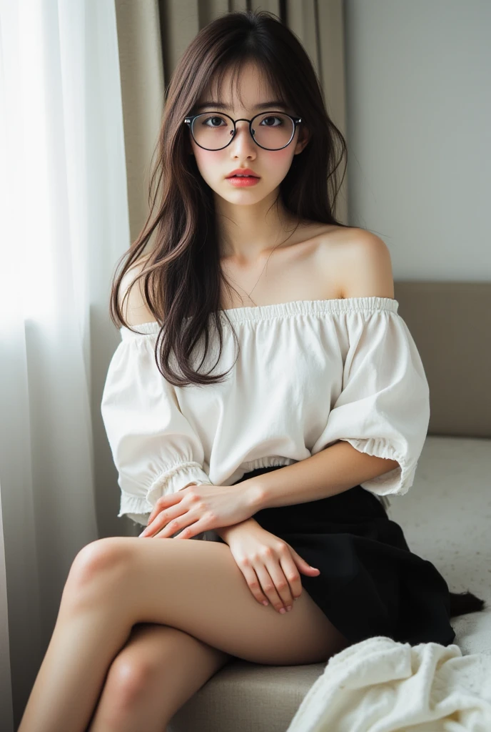 loose socks、Sitting on the couch、Bun Hair、((She wears cute glasses))、Pleated skirt、Black Shirt、Drunk、(?????? ???????)、Glasses、Highest quality, Realistic, Super delicate illustration, Beautiful and attractive girl, Slender body, One Girl, Girl Photos, Full Body Shot, ????? shot、