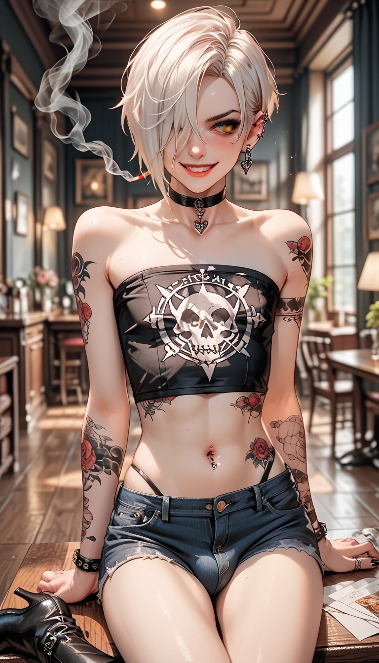 ((One woman)), night city, neon, perfect starry sky, UHD, high detail, high quality, super detail, ultra-fine illustration, 16k, odd eye,Ghibli, gray hair, micro bikini, plain bikini, ((bikini with less fabric)), big eyes, long eyelashes, very long eyelashes, ethnic tattoos, (tattoos that cover the entire body), ((lots of tattoos)), tattoos on the chest, tattoos on arms, tattoos on fingers, (tattoos all over the chest), beautiful features, neutral facial features, (short hair)