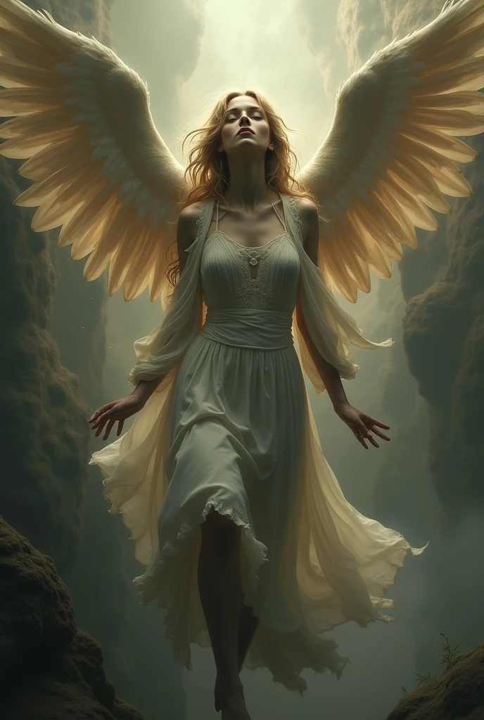 An angel crying and screaming with blindfolds on female eyes