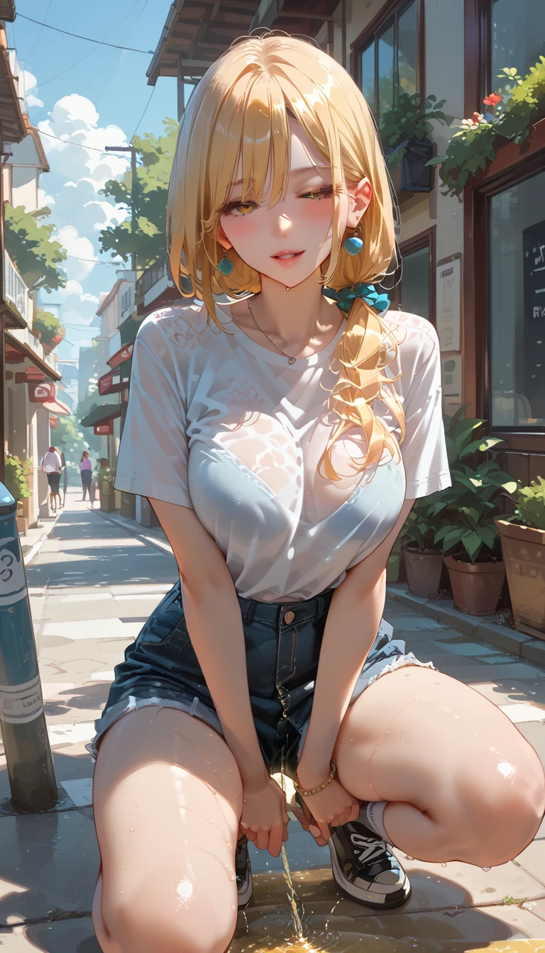 Murakami Takashi style, avant-garde pop art, (((Park bench, sitting))), amazing, best quality, vector art, stylish design, ((Most beautiful girl ever)), (((Best quality))), HDR, ((Details)), ((Masterpiece)), ((Super detailed)), ((Delicate eyes, detailed eyes, best eyes ever, beautiful eyes, big eyes, lots of sweat on face and body: 1.100, wet hair, face and body: 1.50, troubled face, open mouth and tongue out, pained expression, fanning face with one hand))(Colorful two-tone hair, shiny hair, beautiful hair), (beautifully shaped breasts), ((Low-necked white tank top, hot pants)), (((Close-up of face, composition from knees to head)))