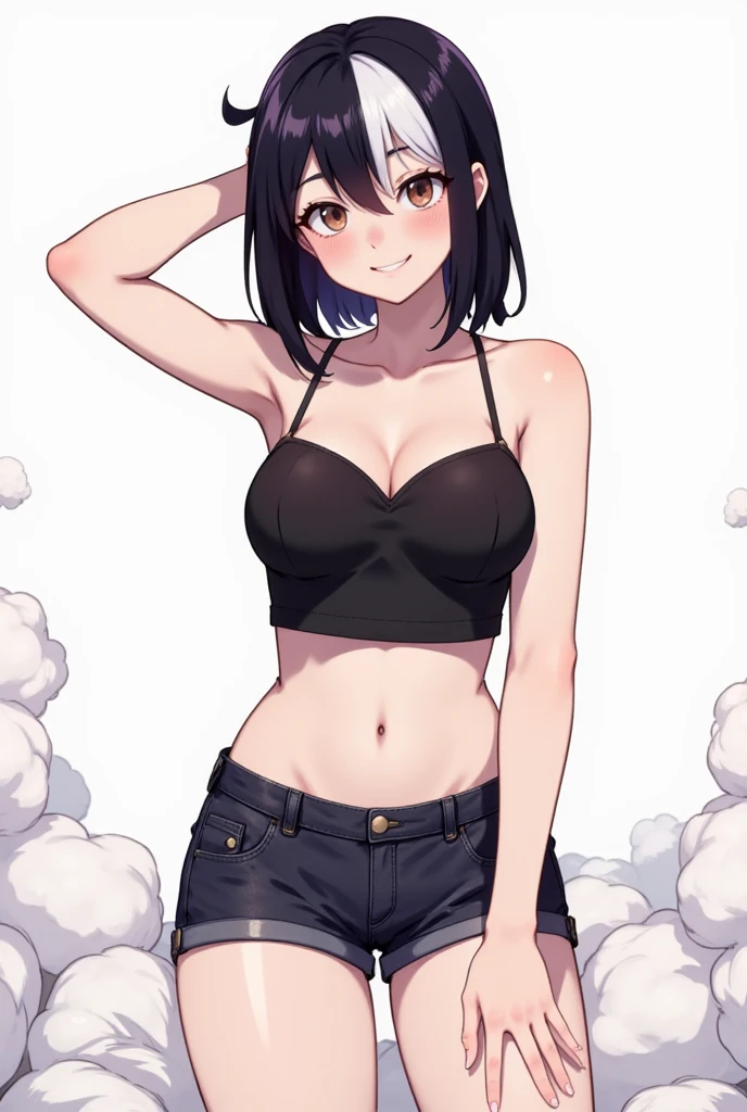 1girl, black choker, brown eyes, choker, clothes lift, hair ornament, hairclip, lifted by self, looking at viewer, mole, mole under eye, mole under mouth, navel, ((sexy panties)), solo, thong, underwear, (((seductive smile, ))) licking, (((saliva,))) (<lora:kobeni_v10:1>:0.8) (pose sexy:1.7)