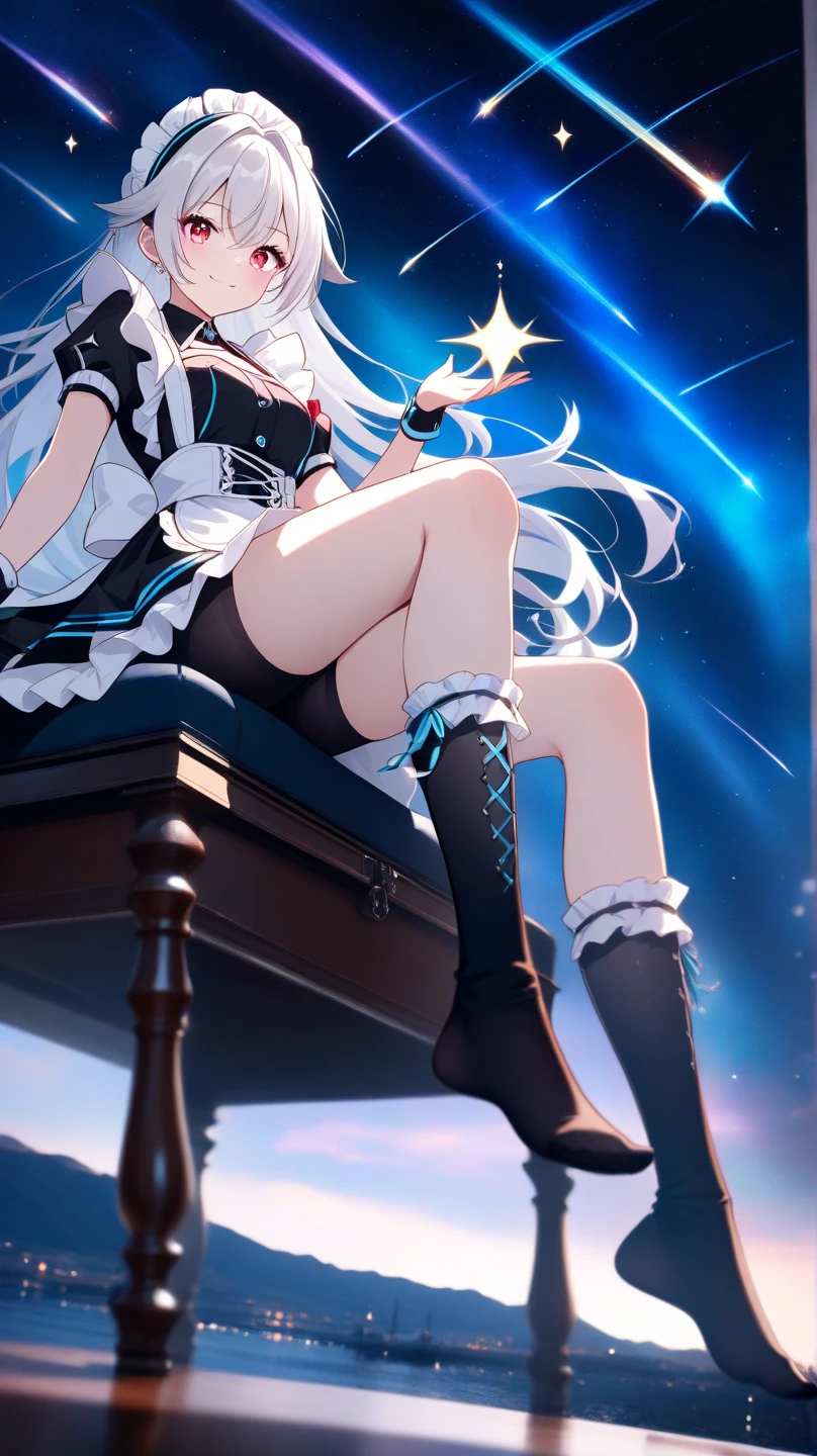 ((Masterpiece)), ((Best Quality)), Best Shadow, Very Delicate and Beautiful, Dynamic Angles, Detail Detail, Depth of Field, 1girl, (Pretty Face)), Silver _hair, ((Multicolored Hair: 1.25), (Long Hair: 1.2), (Red Eyes: 1.3), Detailed Hands, Detailed Legs, (Floating in the Air: 1.3)), (Sexy Pose), (Bunny Girl), Full Body, Seductive, ( rabbit ears), light smile, ((casino)), (moonlight), twinkling stars, night, outdoor, starry sky, beautiful, ((black stockings)), angel wings