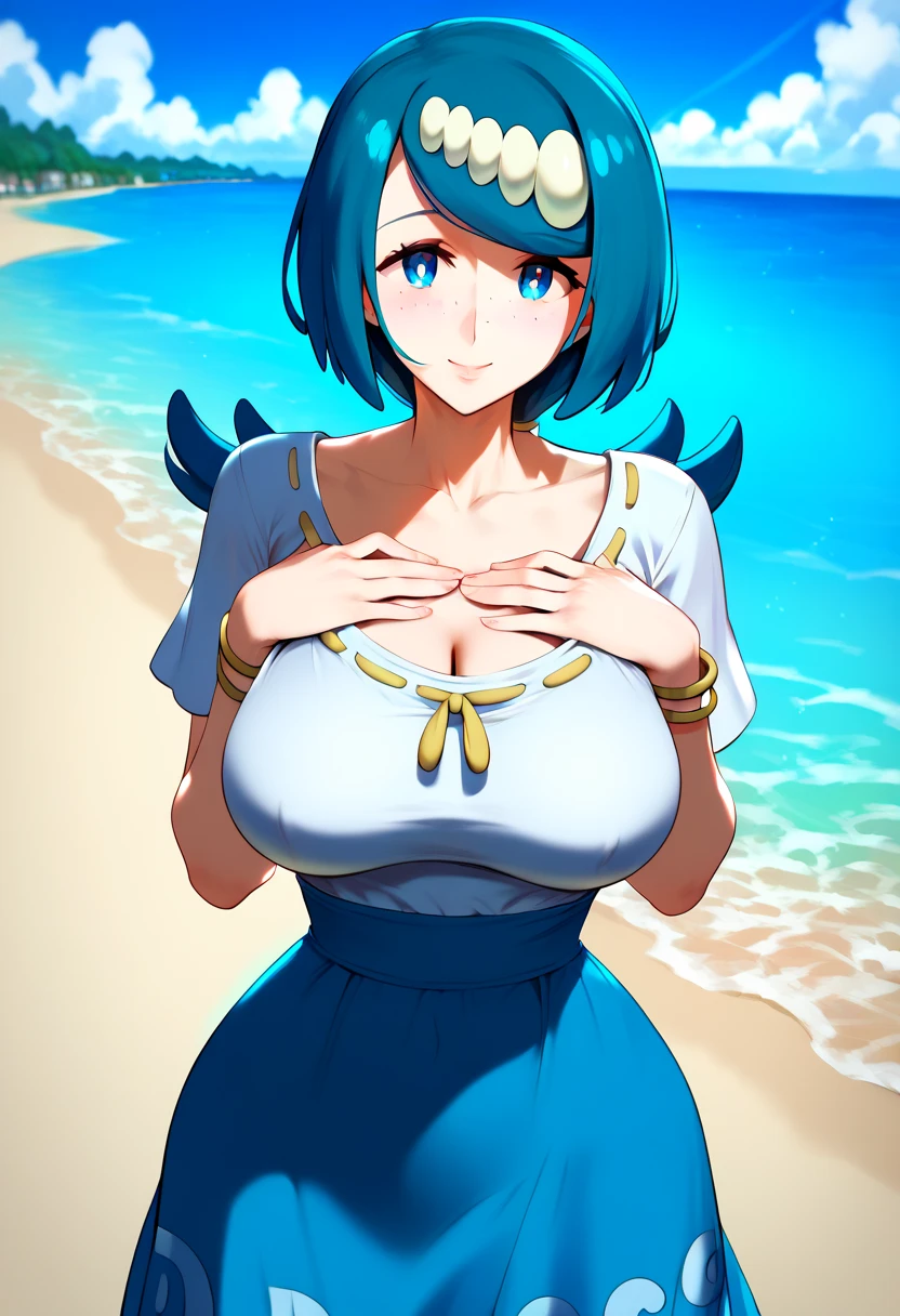 beautiful,queen's blade,by the sea, oil,menace,nude tits,nsfw,Egyptian style,giant tits,huge nipples,big ass,black short hair,blue eyes,big eyes,Golden clothing,smile,vaginal,<lora:ancientPrincessMenace_menace10>