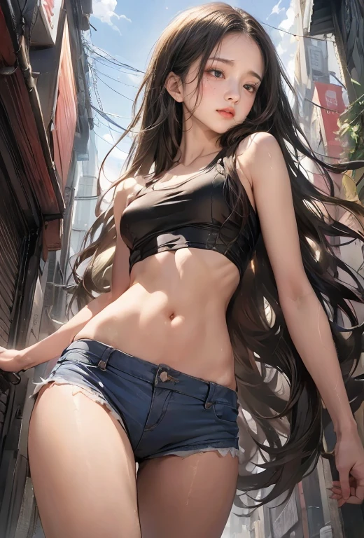 ((masterpiece,Highest quality:1.3,best quality illustration)),realistic,cowboy shot,独奏,1woman,(18 year old beauty),((very small head:1.3)),black hair,long hair,forehead,center parted bangs,black eyes,gorgeous big eyes,sky,((very long body,skinny)),medium breasts,gleaming skin,toned body,slender body,skinny,(Black tube top shirt)、Denim Microshorts、peeing,navel,Back Alley、,Shinjuku、Tokyo、