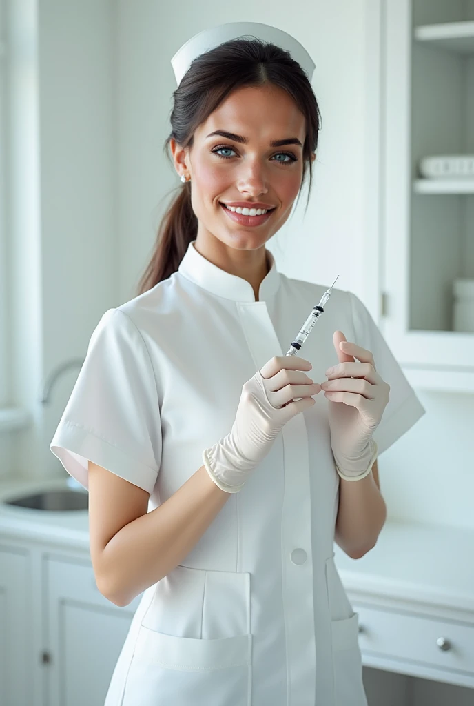 mulher sorridente na camisa branca segurando uma escova de dentes e uma pasta de dentes, segurando seringa, segurando uma seringa, segurando uma seringa!!, Retrato de uma patologista, curtido ameera al taweel, com gotejamento IV, medical photography, vestindo jaleco e blusa, Ameera africana Al Taweel pixar Disney