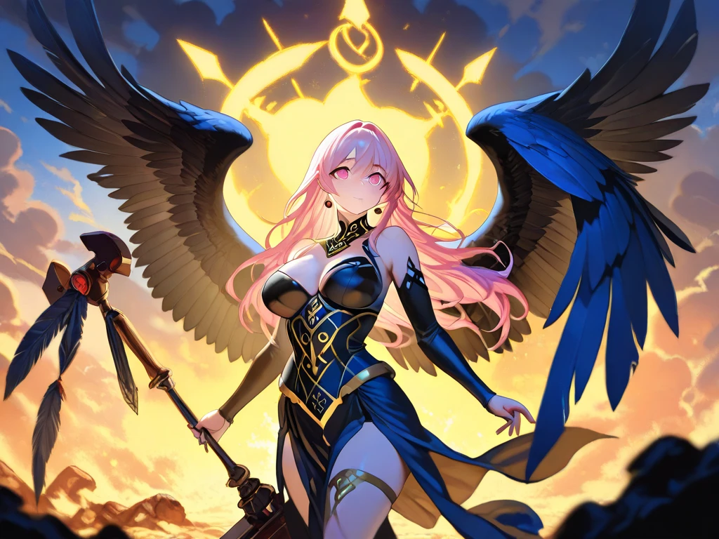 A beautiful young woman with a determined look posing with her intimidating powers on display, long flowing blonde and purple hair adorned with a intricatly detailed headpiece, wearing a battle tunic made of leather with flowing ribbons and chains laced with intricate details and gems. guild wars. (Large breasts), a battle mage wielding fire and ice powers, floating in the air in a epic battle amidst a realistic crumbling city caught in an apocalyptic event. Winged demons attack appearing through portals. Masterpiece, ((highly detailed)), 4k. Epic and dynamic lighting with deep shadows and highlights from magical powers.