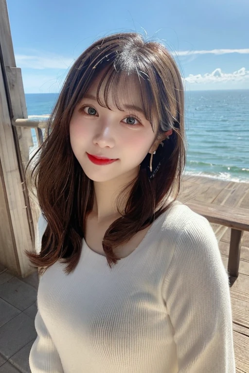 masutepiece, Best Quality, Illustration, Ultra-detailed, finely detail, hight resolution, 8K Wallpaper, Perfect dynamic composition, Beautiful detailed eyes, bikini of,Medium Hair, Big breasts, Natural Color Lip, Smile,selfie photo,Hotel, veranda, ocean view,Curly hair