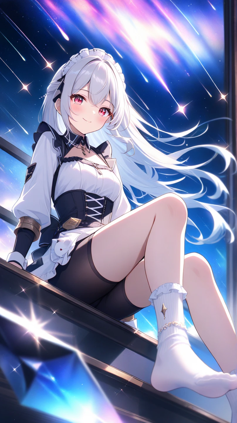 ((Highest quality)), ((masterpiece)), ((One girl)), alone, ferry, ((Long Hair)), ferryBase, ((Knee socks)), Bare shoulders, ((jewelry)), ((No sleeve)), White Dress, Blue Skirt, ((gloves)), Up to the thighs, From behind.