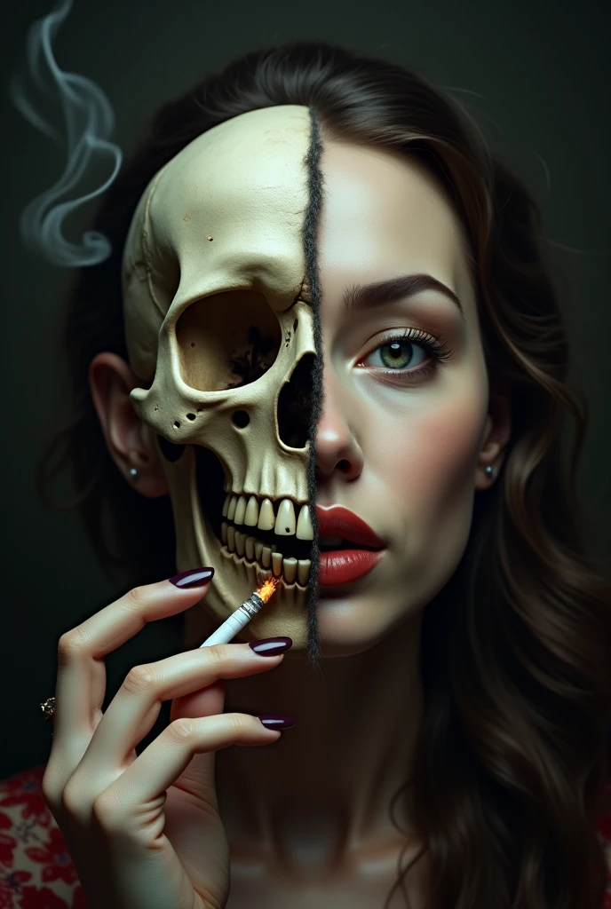 Create a surrealist digital illustration merging beauty and macabre themes. The central figure is a young woman with long, flowing blonde hair. Half of her face appears normal, while the other half reveals an intricate skull design. Her visible eye is heavily shadowed, conveying intensity. The woman wears a partially open green jacket, revealing décolletage. Her pose is dynamic, with one hand touching her chest. The background features a vibrant lime green color with stylized, swirling cloud patterns in a lighter shade. This creates a stark contrast with the detailed figure. The illustration style blends realistic portraiture with stylized horror elements. Use a mix of clean lines for the human features and intricate detailing for the skeletal parts. Incorporate liquid-like effects around the edges of the skull area, suggesting a transformative process. The color palette should emphasize the contrast between the vivid green background, the natural skin tones, and the stark white of the skull elements. Include subtle details like small cracks in the skull, wisps of hair caught in the transformation, and delicate shading to enhance the overall impact and depth of the image.