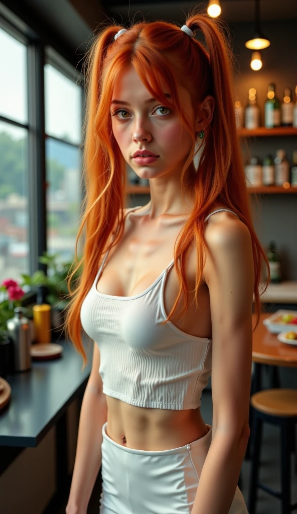 (completamente desnuda), (small breasts), (((tiro de cuerpo completo))), woman, 19yo irish, (nude, full nude, completely naked), (Masterpiece, best quality, high definition, ultra-detailed, perfect illumination, finely detail, highly detailed face, highly detailed body, photorealistic, best lighting, best shadows, intricate detail, high quality, (highly detailed background)), ((ginger braid, miniature body)), anorexic, skinny face, pointy chin, wide open bright green eyes, ((((flat chest)))), ((incredible puffy nipples)), slim hips, slim ass, thin waist, perfect knees, long legs, slender legs, pale skin, irish pub, dancing on the bar, view from behind,