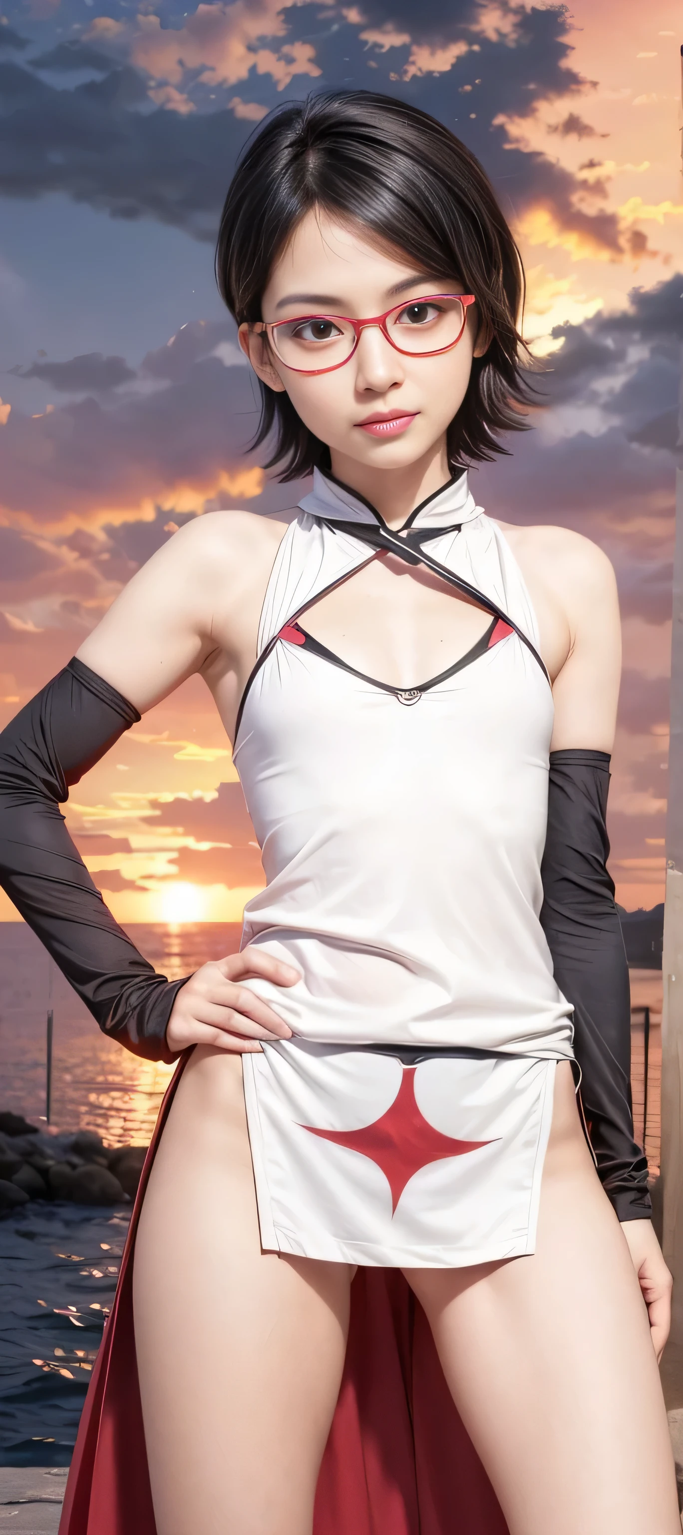 1girl,(background: blue sky with white clouds),looking at viewer,photorealistic,realistic,solo,outdoor,Blue Sky,Thigh,Bandage,Tail,Upper Body,Clear fingers