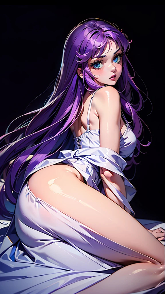Masterpiece, Solo, Slender face, Long eyelashes, elongated, (violet eye: 1.3), (Purple hair: 1.2), Large cleavage, Slim, Angled from the side, (Hyponytail: 1.3), Wearing a big white T-shirt, Full body, Light blue lace light lingerie, Embarrassing, Apartment, Nipples, Roll up shirt to chest