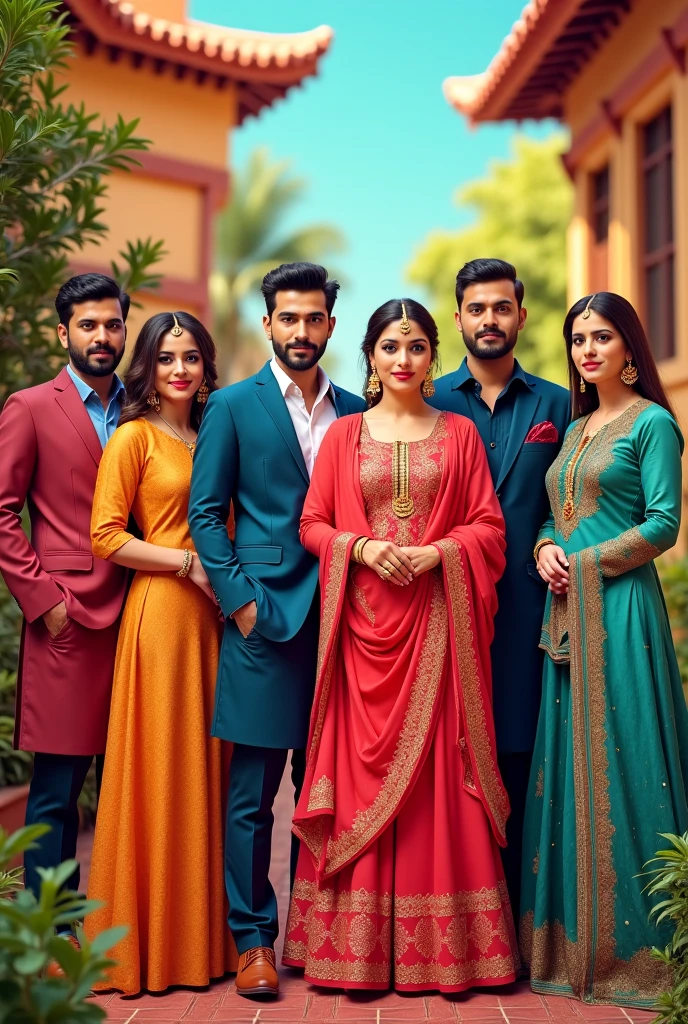 two pakistani women with a pakistani man, man standing in middle wearing suit and has a well groomed beard and stylish hair and one woman standing on right with hijab and has pale white skin and second woman standing on left with a pakistani dress has pale white skin, all smiling, picture taken by iphone pro 15 camera, all extremely beautiful, 