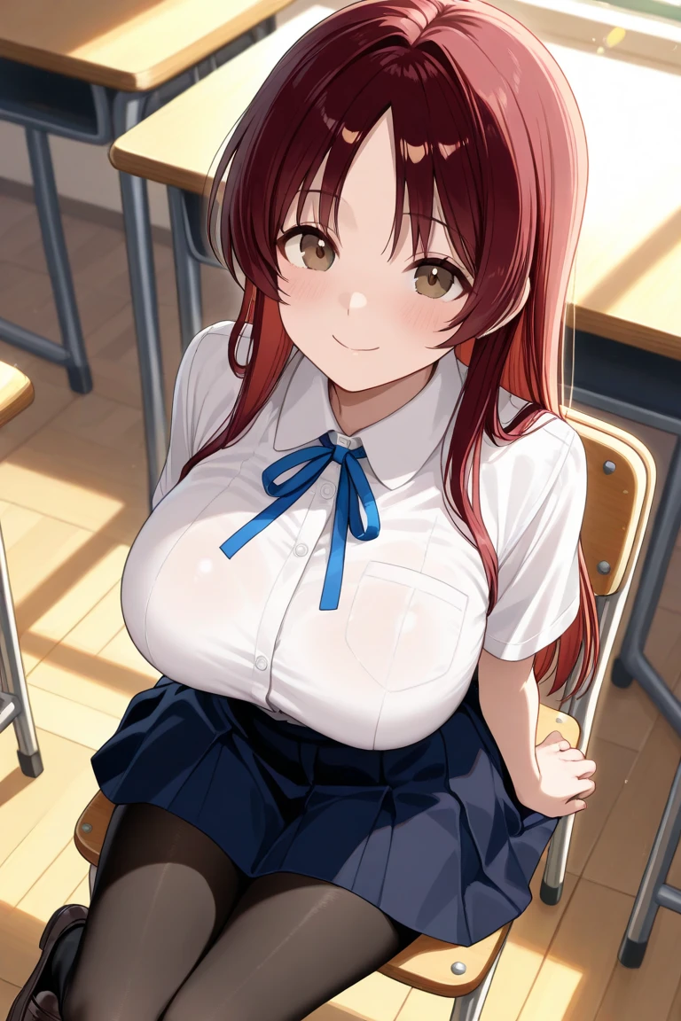 highest quality,best quality,1girl,((big breasts:1.3)),closed mouth,orgasm,blush, sweat,Nanoha Takamachi,takamati nanoha,((long hair,straight hair:1.3)),white shirt,pleated skirt,blue skirt,mini skirt,panty shot,upskirt,lift skirt,white panties,lace panties,classroom,squatting,open legs,arms behind head