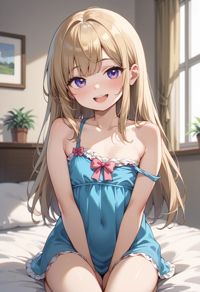 Beautiful young woman, Anime Style, Detailed face, Dressed in cute morning clothes, Stretching and smiling, morning light shining through the window, Cozy bedroom, Fresh and bright atmosphere, long flowing hair, High detail, 8K resolution, Cinema Lighting, Highest quality, Realistic fabric texture, Gentle shadows, Pastel Color Palette, Instagrammable, cheerful and energetic, beautiful, Warm and soft lighting