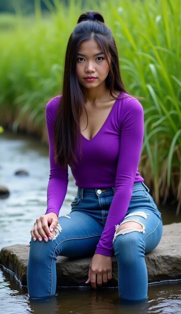 arafed woman with long black hair with purple highlights, flowing black hair with, with black hair, photo of a beautiful woman, long flowing black hair, black golden hour, curly black hair, beautiful young asian woman, beautiful asian woman, wild ginger hair, pink wispy hair, light black hair, a young asian woman, an asian woman, infp young woman, full body photo of a 24-year-old french girl in RAW UHD format (Brown-eyed woman) , surfing), Details (textures! , Hair! , glistering, Color!! , imperfections: 1.1), highly detailed glossy eyes (looking at the camera), DSLR Lighting, SLR camera, Ultra-Quality, sharpness, Depth of field, Film grain , Fujifilm XT3, Crystal clear, Frame Center, beautiful face, sharp-focus, bokeh (sunlight), (open sky), detailed skin pores, oilly skin, suntan, Complex eye details, (((smiling))), ((grass)), green grass background, (((full body))), Jacket, tight blue pants, warm jacket, cloudy, (((full body))),(((distance)))