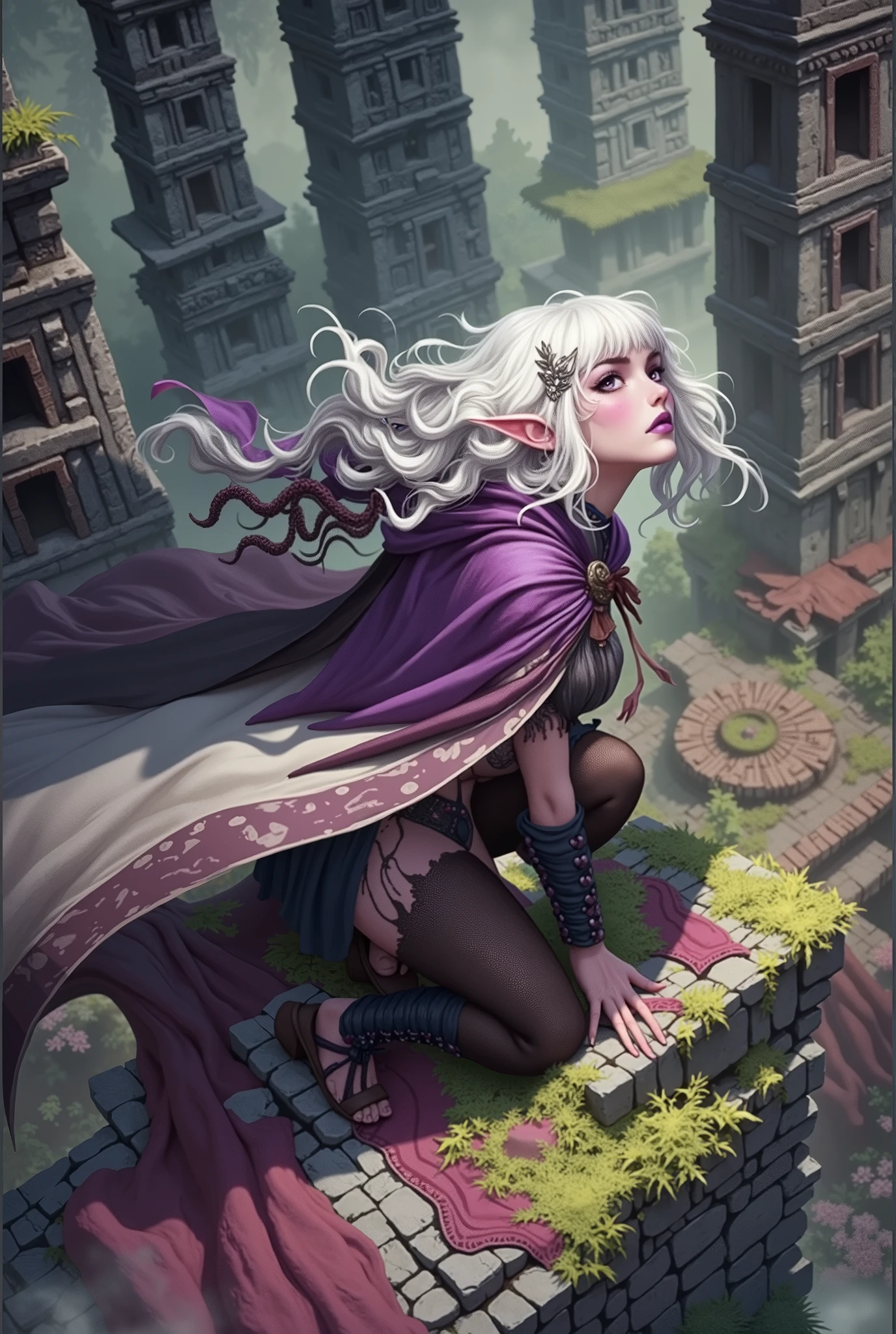 (Ultra-detailed face, Looking Away, Gothic Illustration, Dark Tone Colors.) , BREAK 
(Fog and strong winds blow up. A temple complex of very tall ancient stone towers scattered in a deep green forest. A woman moves in a bold pose, crouching and crawling along a narrow passageway stretched in a straight line between the tall towers. A viewpoint looking down on the woman from above. She has white hair, dark purple skin, wears an old-fashioned Roma-style cape dress, and braided sandals.) , BREAK 
(The female dark elf has white hair and white eyebrows, crisp bangs, long wavy hair to her waist, small pink lips, lavender eyes, dark purple skin, and dark eyeliner.)