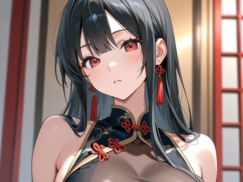 1girl, solo, masterpiece, best quality,sweat, mahouka koukou no rettousei, saegusa mayumi, mayumi saegusa, red eyes, tareme, black hair, long hair, wavy hair, curtained bangs, sidelocks, hair bow, white bow, forehead,collarbone, bare arms, cleavage, large breasts,upper body, looking at viewer, on back, blush, naughty face, smile,pillow,pantyhose,black bra