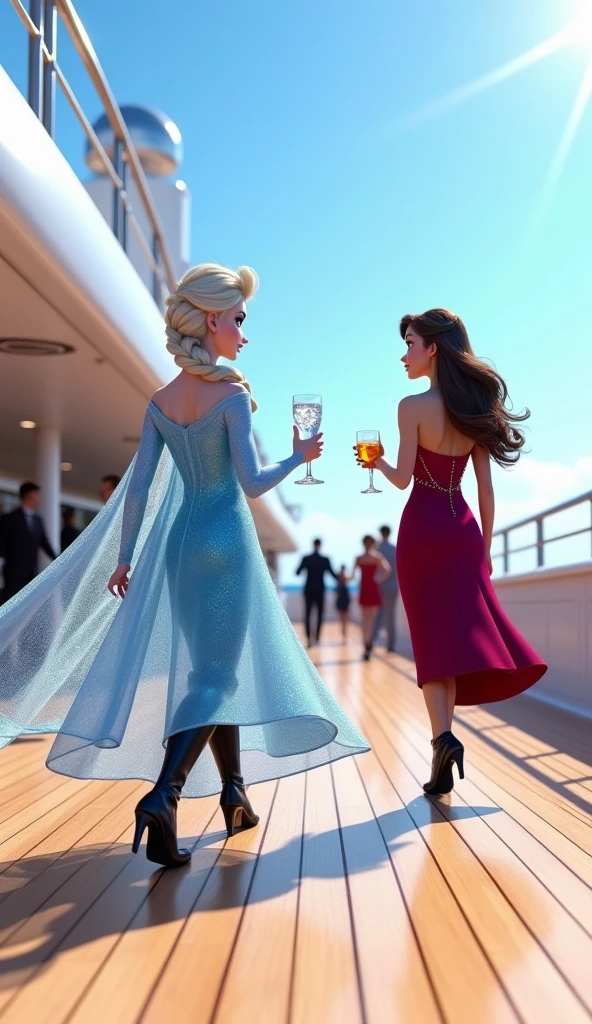 Five women around 60 years old, on a cruise dancing drinking happy with different body and height 