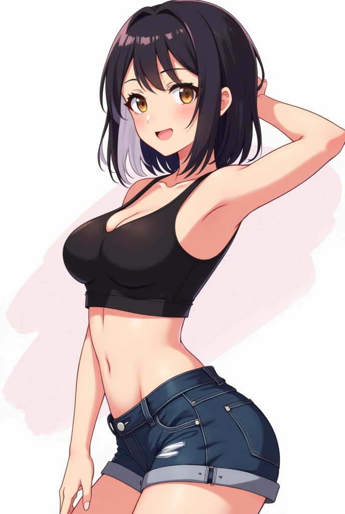 all intricate details, woman, kitten pose, cat ears, short hair, perfect hands, perfect fingers, perfect body, sensual cleavage, medium breasts, red shirt, wearing tight black shorts, sexy shorts, vinyl shorts, Ultra HD, image 4k, best image quality, (fidelity: 1.4), photoreal, light green eyes, eyelashes, beautiful pupil, shadows, slight blush, delicate facial features, reasonable facial features, exposed waist, natural sexy pose, random front angle