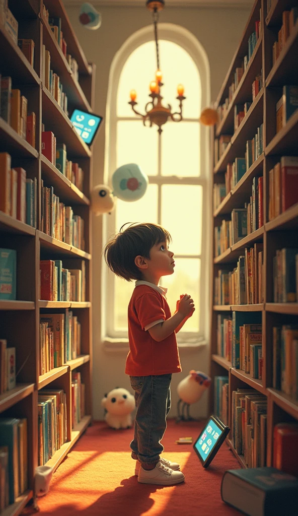 CREATE A DRAWING OF A YOUNG PERSON WITH BROWN HAIR PARTED IN THE MIDDLE, White skin color, WITH CASUAL CLOTHES IN BLUE AND WHITE, IN A BOOKSTORE