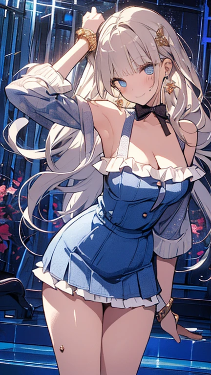 ((Best Quality)), (ultra-detailliert), ((Extremely detailed)), (Beautiful), ((Kawaii Girl)), ((UHD)), (masterpiece), (high quality), (best quality), (4K), (high quality), 1, solo girl, 1girl, ((platinum blond hair)), parted bangs, ((hair intakes)), long hair, (hair two side up long), ((jade colored eyes)), slanted eyes, large breasts, slender body, lite blue, babydoll trimmed with lace, side tie panties, garter belt, anime, ;D