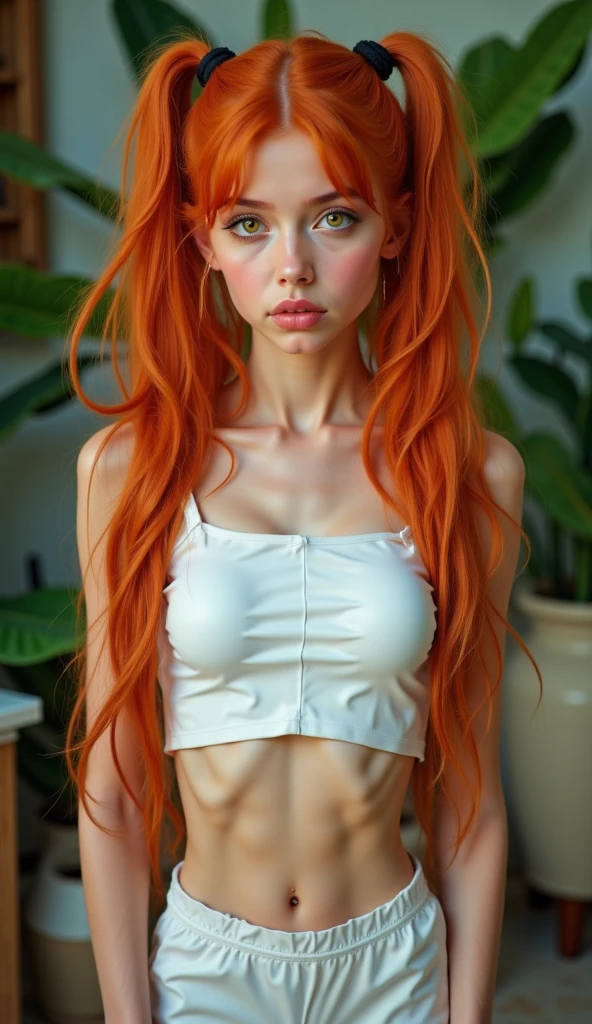 Photograph of an anorexic emaciated extremely skinny Swedish model, she has a femanine and pretty face, she has a thin face, photo quality realistic, she is sitting on the floor, her legs are spread wide appart, her knees are spread appart, her feet are spread appart, she has orange hair in a pigtails. she is looking at the camera, show entire body of model from feet to head, she has a large smile, her teeth are showing,  she is covered in shiny glistening sweat, she is wearing a heavy 12 inch choker around her neck with a large pendant on a chain, she is wearing colorful jewelery, show , show legs, she has medium sized , she is wearing a garter belt with garter straps and colored garter stockings, her stockings are high on her leg, she is not wearing a top or bra, she is not wearing any bottoms, she has large shiny hoop earings, incredibly skinny body, extremely skinny body, emaciated body, tiniest waist ever, well-defined collar bones, well-defined hip bones, well-defined ribcage, extremely skinny arms and legs, weak and fragile body, masterpiece, anatomically correct, textured skin, super detail, high details, high quality, best quality.