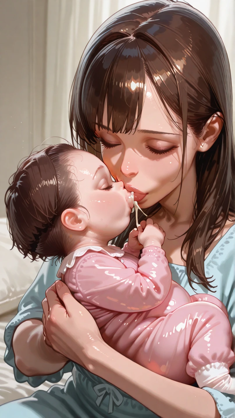 A hot giant Asian woman with gigantic, luscious, enormous, swollen lips, massuvesloppy kisses a microscopic newborn black baby boy on the baby's small lips, the woman's colossal lips are much larger than the baby's super tiny head as a result her wet, tremendous lips completely engulf the entire baby's microscopic head, along with the woman's broad drooling saliva splashes on the baby's entire delicate head abundantly, Resulting on the baby start pleasuring, blushing, the baby's weenie is erecting and sexual climaxes on her abundantly wanting more of her smooches, woman enormously wet kissing baby smut, baby nsfw