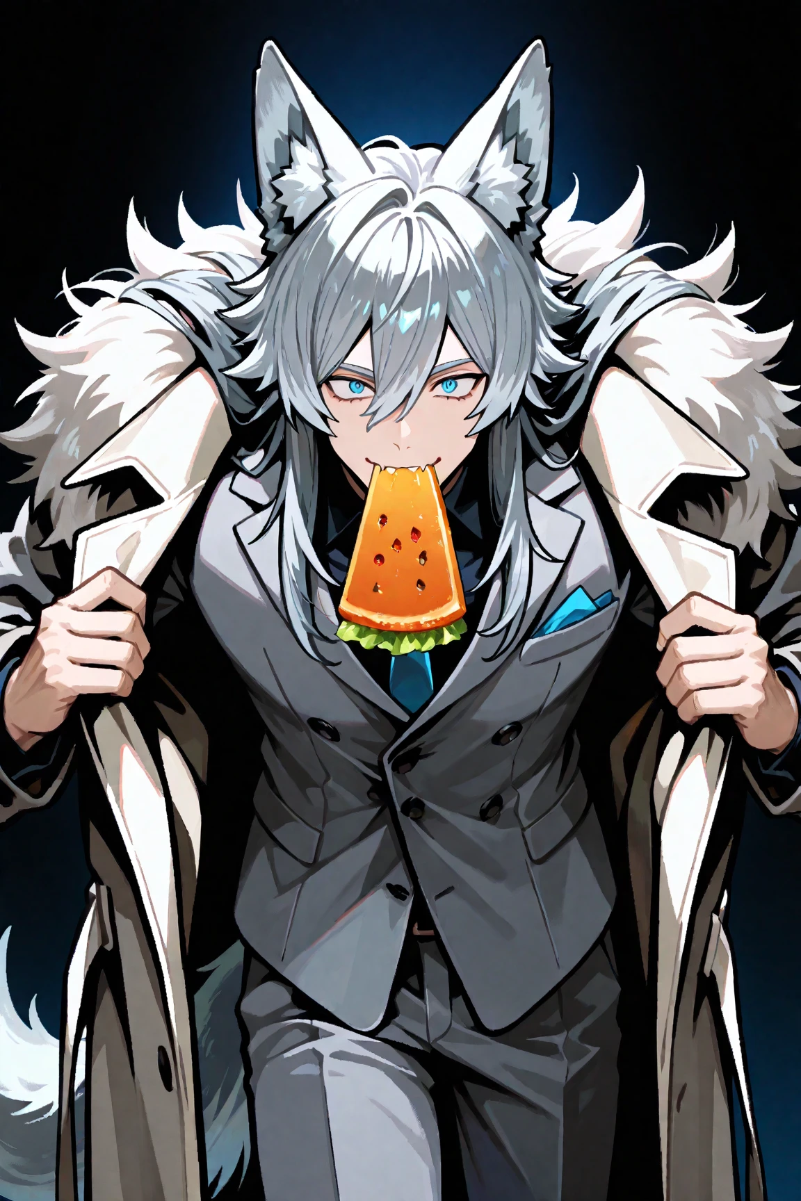 boy with snow-white disheveled hair and gray-green eyes, naked torso, gray checked PANTIES, FOR BODY SUSHI AND ROLLS, DINNER BACKGROUND, lies on the table, nice smile, NSWF