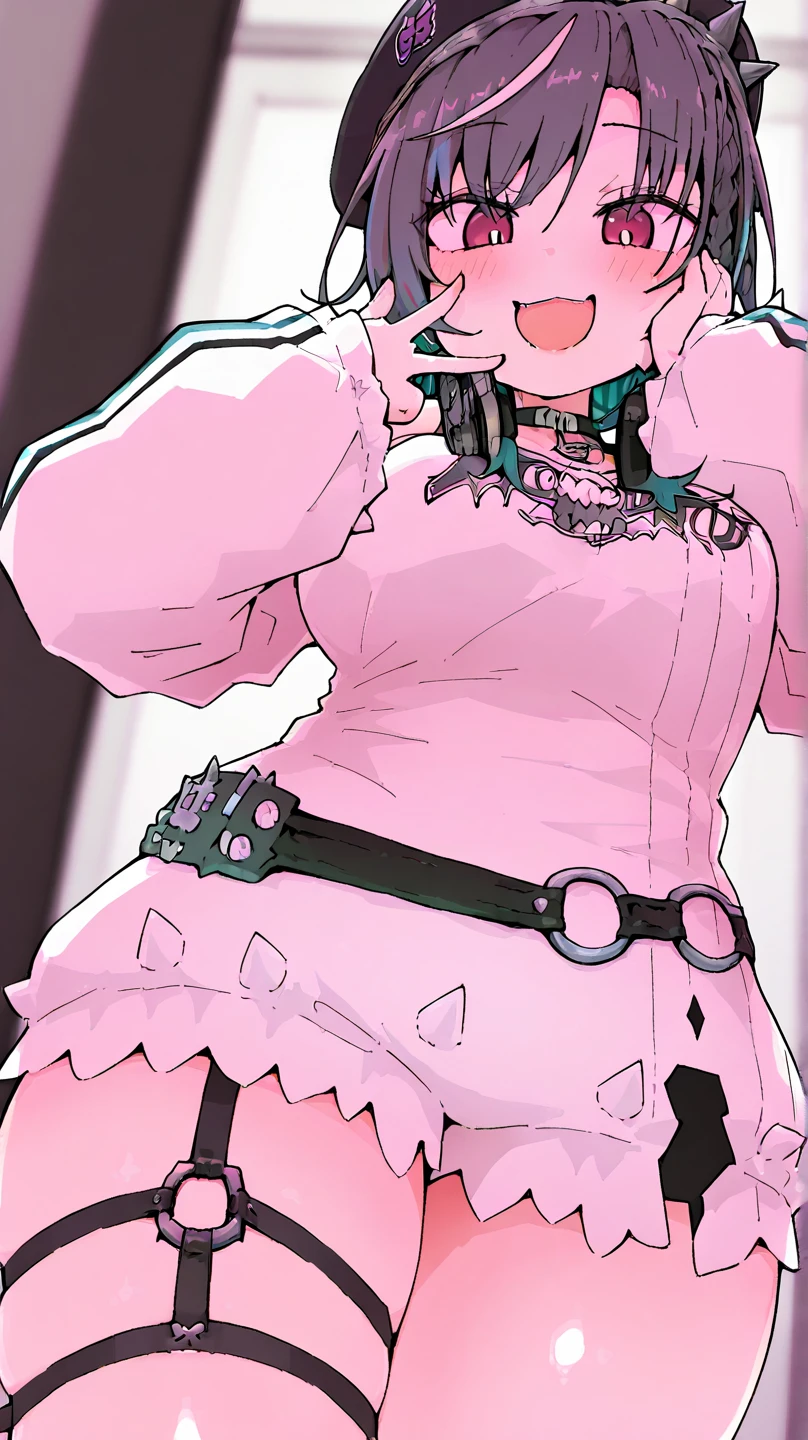 tmasterpiece, hiquality, higly detailed, Big Woman,(Hair pink & Green), (big eyes, Lime green color), Under-eye colours, (Kanroji_Mitsuri), lace clothing,(Sexy, Female Character Demon Slayer Mitsuri Kanroji, Mitsuri), The woman, Cute, Girls,portrai,Realistic anime girl,the pose, Showing off panties, lifting skirt, panty