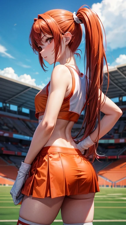low angle shot，shoot down and up、Back photo。Kneel behind、Show her ass，actual、Super high chroma、8k、Long red hair(((30 year old woman)))、((((She is wearing a red competition swimsuit。))))、competitive swimmer、big breasts、Thick thighs、Pay attention to muscle development。競泳プールolympic Comcompetitive swimmerics stadium 美しい顔, Highly detailed face and skin textures, (natural cheeks, skin shiny, White skin,Sweating 1.0、(((vitality)))

