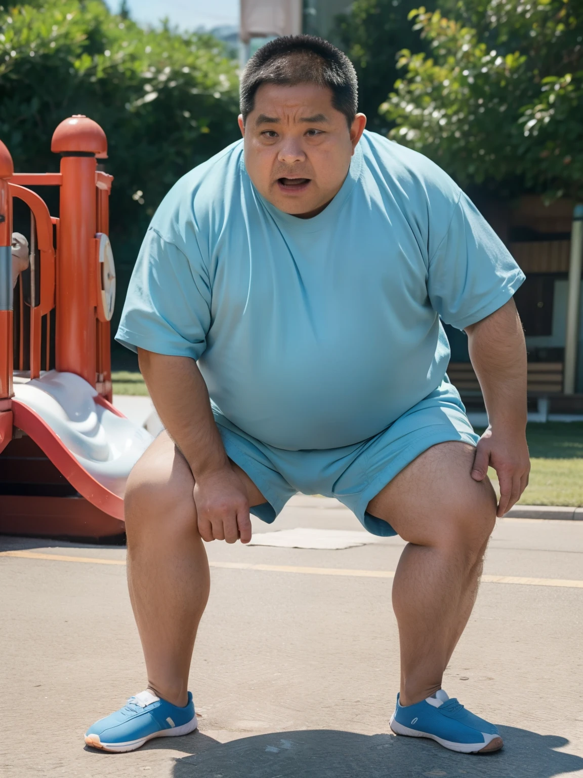 Thick Japan middle-aged man in his 50s, 1man, retarded, Human, Dwarfism, He wears a Light blue Hotpants, Bare thighs, ((peeing self, wetting self, pee stains,)), ((trembling, fear expression, scared, looking at viewer)), kindergarten background, It's a sunny day, Incontinence, He stand and cried in playground, Full body, a picture, 8k, high detail photo, Masterpiece,