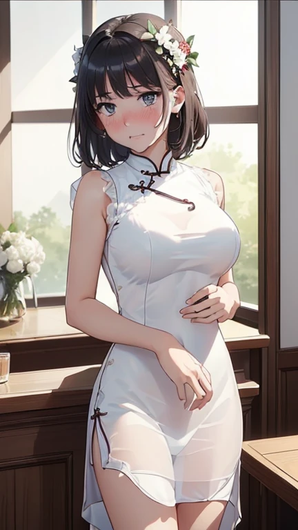 1womanl,Black hair,14years ,(()),Beautiful breasts,(((sexy white shiny cheongsam)))(())(((Blushing cheeks、Smile with open mouth)),(((Satin Narico))),((( portlate))),Crowds,white ceramic dress