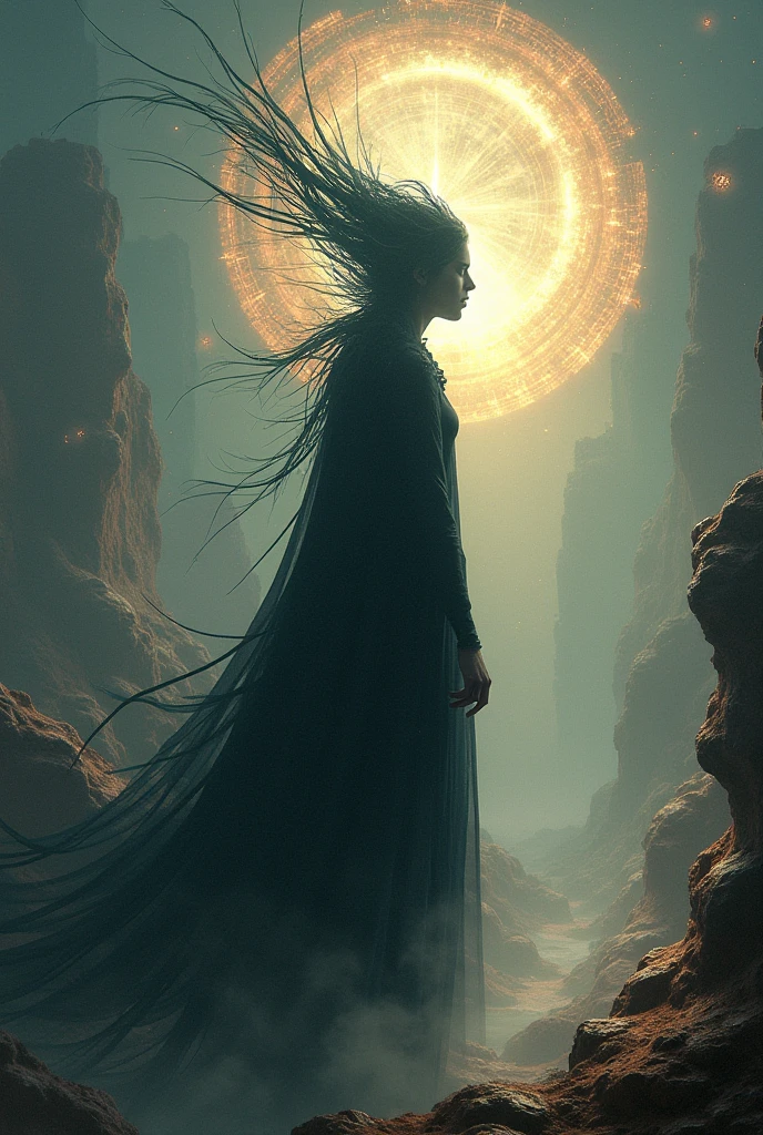 Design an image showing the separation of the sky from the earth with Shu’s silhouette (dark brown skin, green eyes, feathered headdress) in black, set against a blurred, cosmic background. The scene should illustrate the vastness of space and the action of Shu’s role, while keeping his form out of focus. Use masterpiece, best quality, CG, wallpaper, HDR, high quality, ultra detailed, cinematic, high detail, 8k, raw, high, artstation HQ, unreal engine, octane renderer, 4k resolution, hyperrealistic, highly detailed, and absurdres settings