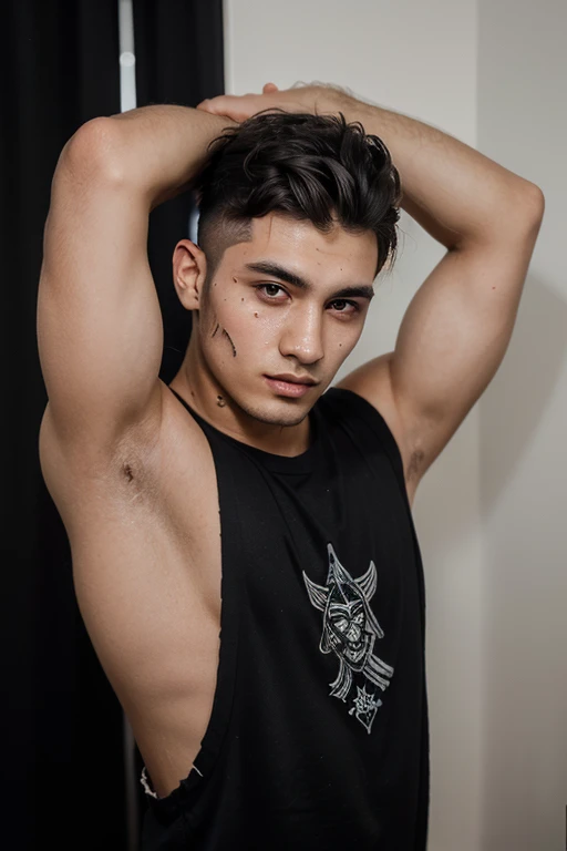Un chico, alto, piel morena, cabello color balnco blanco, Gothic haircut with ponytail, sin camisa y tatuajes.