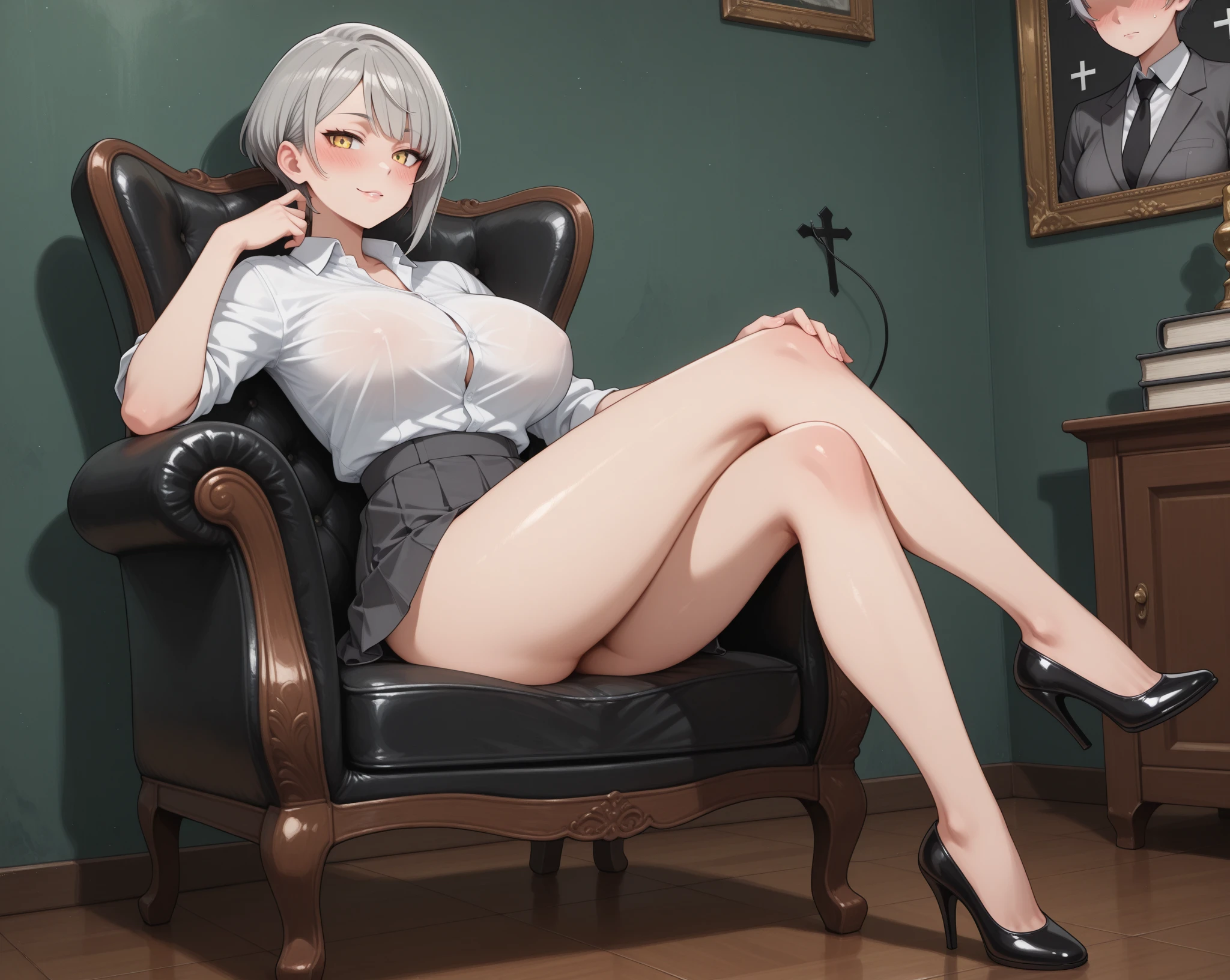 4K Quality, solo, hands on hips, sexy smile, black makeup, (black and white skirt and shirt), standing up, ((dark short hair)), (pale skin), thick thighs, big breasted, big ass, looking at viewer, amber eyes, sunset, bedroom eyes, full body, city background, perfect face, perfect body, perfect eyes, full lips, gyaru, goth(((nsfw, nude, naked, spreading legs, sitting , bedroom, hairy pubic hair, view from front)),