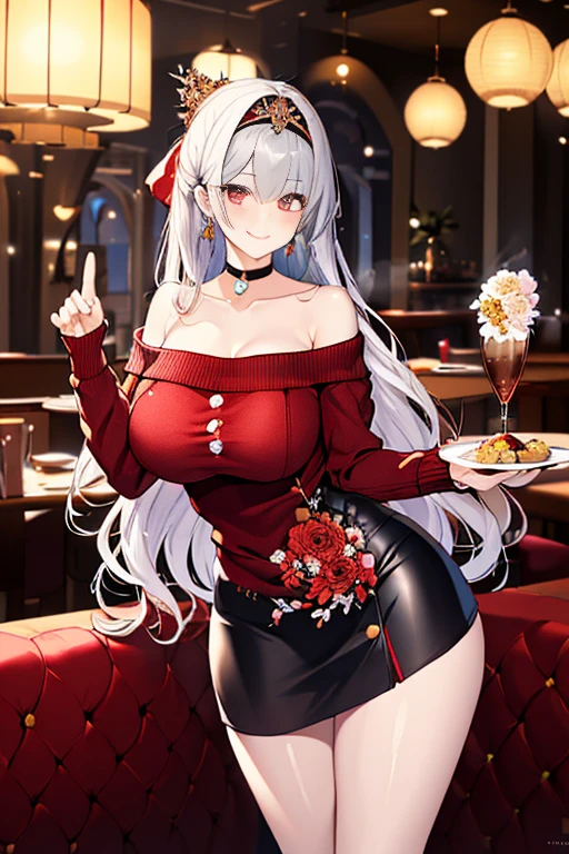 (perky chest:1.2), (pointed chest:1.2),(icecream magazine cover:1.3),(from above:1.2),(shoot from the side:1.1),(((Black Tunic:1.3))),(((cakes and bread in the basket),a 23yo Cute and beautiful girl,masterpiece、highest quality、Very detailed、Beautiful fine details、Detailed landscape、Braided Ponytail、Red camisole、((B cup breasts, Tank top showing underboob:1.0)), thigh strap, bangs, necktie, earrings, nail polish, fishnet pantyhose, silver hair, looking at viewer, full body, bottle, own hands together, belt, food, ring, choker, english text paper:1.2, collared shirt, blue eyes, hat,lace-up boots ,