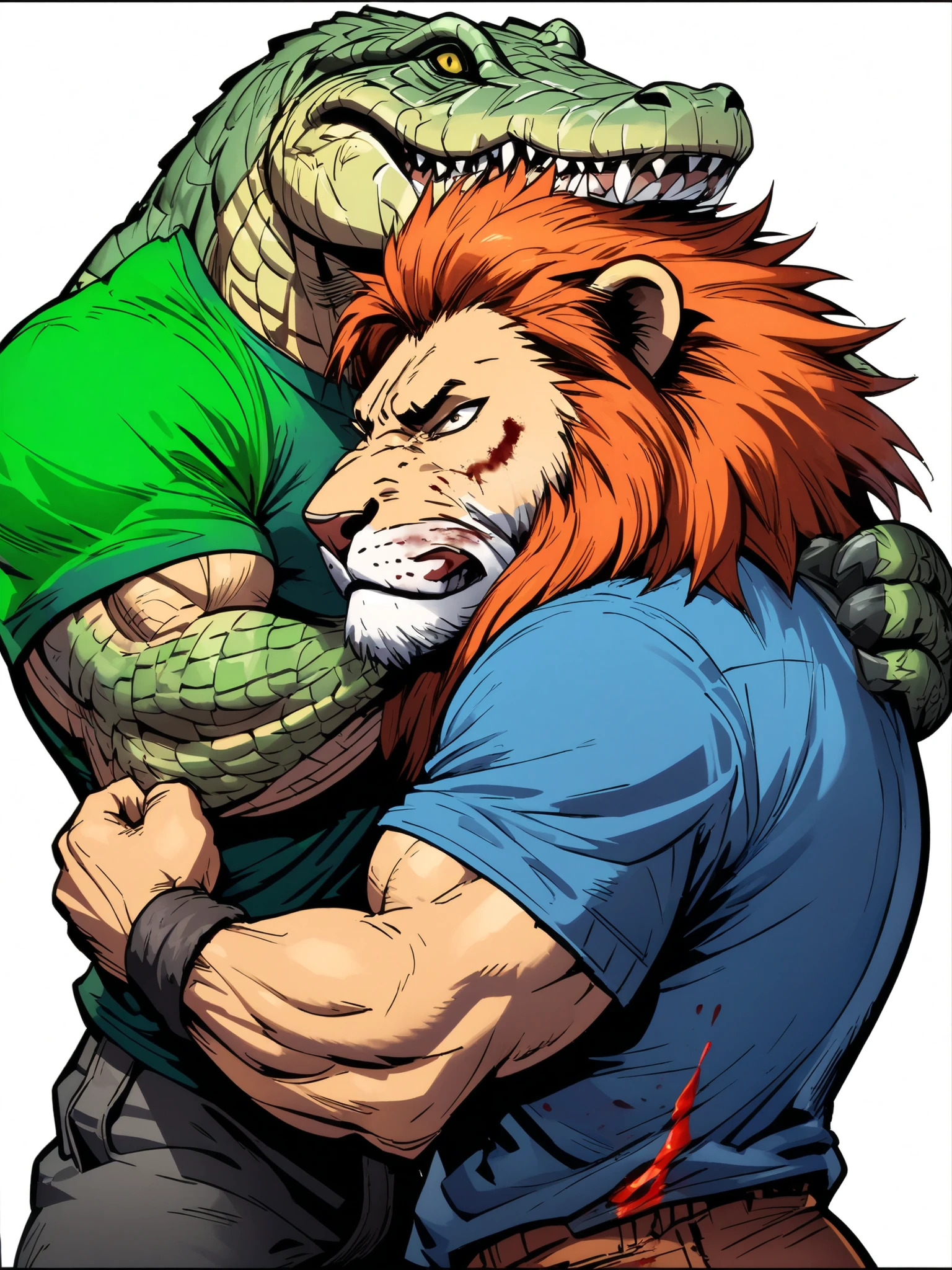 (Realistic),masterpiece,best quality,cinematic lighting,natural shadow,highest detail,professional photography,detailed background,depth of field,insane details,intricate,aesthetic,detailed face,subsurface scattering,looking at Highly detailed digital vector cartoon illustration of a very angry and muscular anthropomorphic crocodile wearing a green sports t-shirt, aggressively grabbing and strangling the neck of a muscular anthropomorphic lion in a rather bright dark blue sports t-shirt. The crocodile is strangling the lion with both of its hands. The lion's facial expression appears frightened and battered and bruised over its eyes, with blood dripping from its mouth. The scene is tense and dramatic, emphasizing a strong pose and an expressive face. Designed with thick outlines, sharp shadows, and high detail in fur texture and muscle definition, in a vibrant and intense anime cartoon art style.