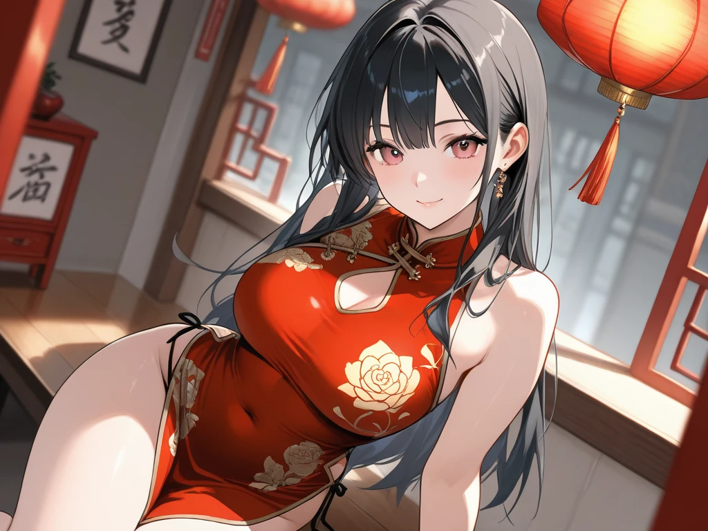 (((professional: Step by step, taking into account even the smallest detail, God-level final result, all intricate details, cowboy shot, solo 1girl view))): "1 fox girl, ruby eyes, fox ears, fox tail, high ponytail, smug, cute, short black china dress, side full body, pelvic curtain, thigh ribbon, (pumps:1), (hugging own leg:1.1), chinese style, indoors, sharp focus, looking at viewer, (intricate:1.3), red light theme, (orange tone:0.7), illustration, random angle, see body ",+18,nsfw, see body nude