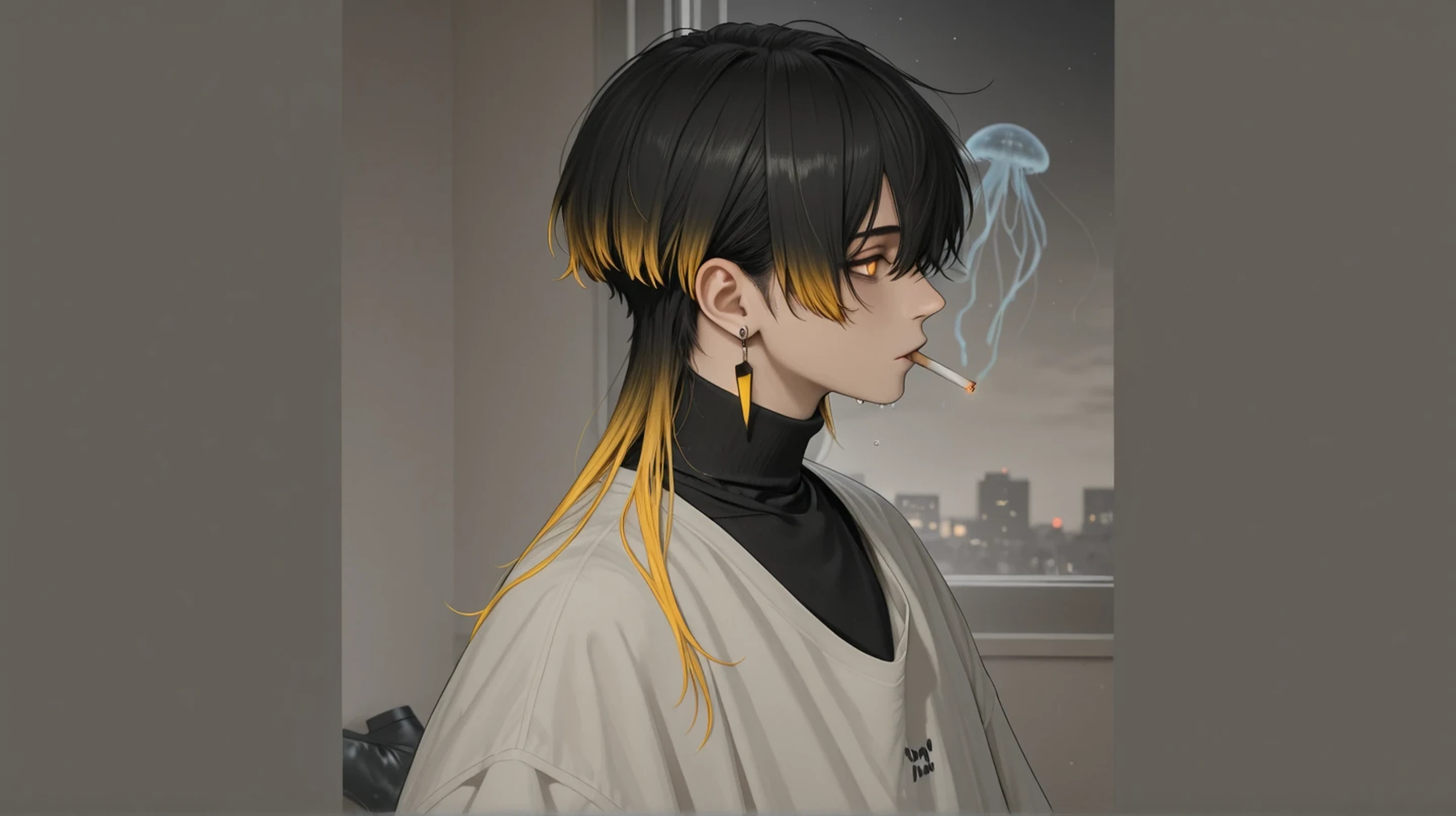 The guy's appearance: The guy's handsome man for school, amber-colored eyes, the guy's hairstyle is more like a jellyfish, in hair color: Natural black hair on top, and by the end they turn yellow. The guy's ears have rips earrings, like any character from the game. The clothes are quite ordinary, oversized t-shirt, under which there is a black turtleneck. The guy's ears are wide and even very comfortable. boots: regular crosses. A man 7, sits by the window at night with a cigarette in his right hand