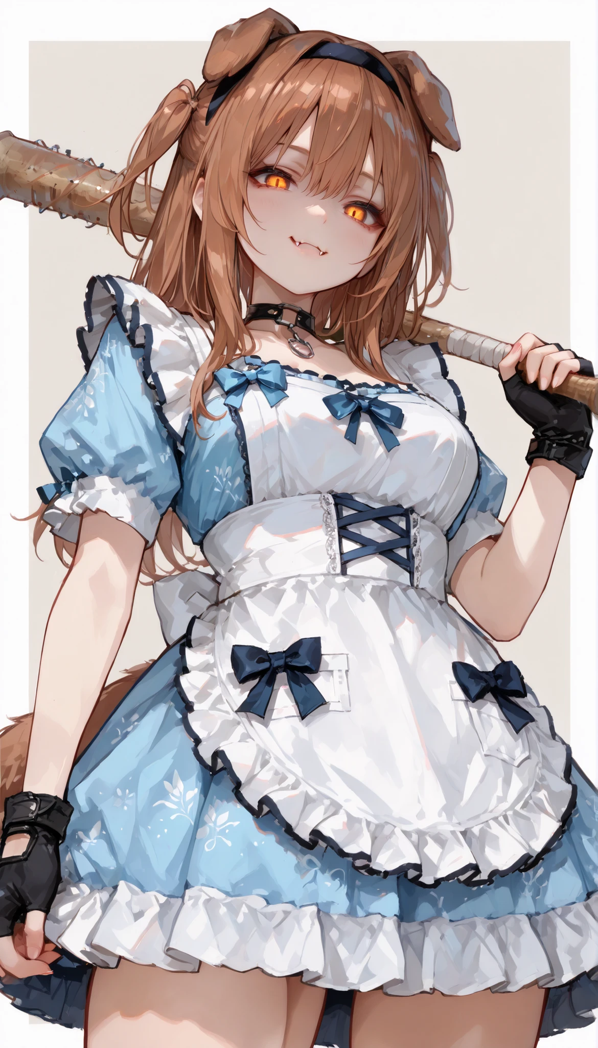 1girl, original, (best quality, highest quality:1.2), (best quality, highest quality:1.2), masterpiece, top quality, ultra high definition, rich contrasts, HD,8k, High Definition CG Unit Wallpaper, texture , Unbelievably Absurd, ultra high definition, RAW photos ,Deep border:1.2, very detailed,
simple background, ((holding baseball bat)), koroneblue, two side up, blue dress, white apron, black hairband, fingerless gloves, choker, frills, dog tail, evil glin, fangs,  ((from below))