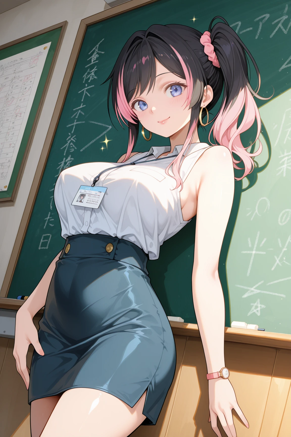 ((Sarada uchiha, White dress, see-through, small breasts, armpit, short pants, good anatomy, masterpiece, nice, classroom))